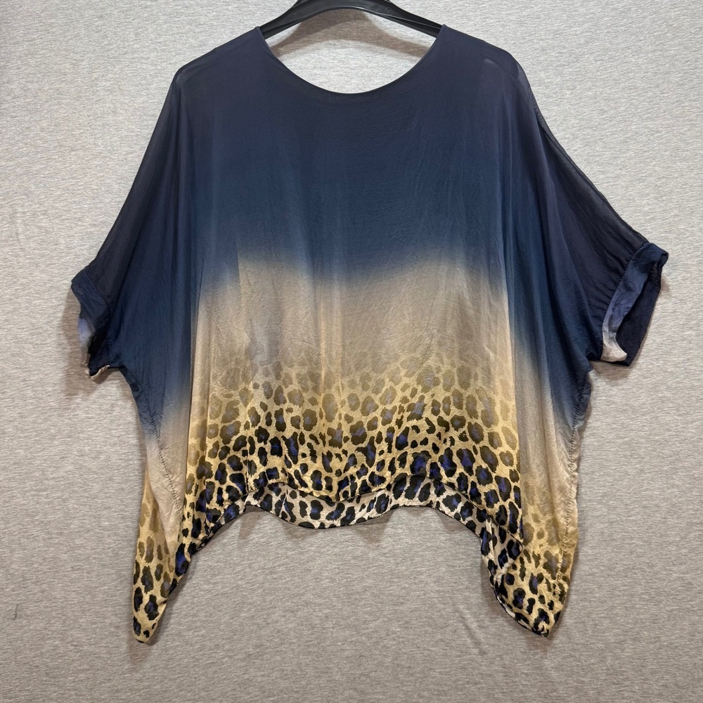 Made in Italy Poncho Blouse Womens OS Navy Blue Leopard Print Silk Blend Ombre